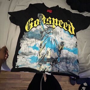 Black Graphic T-Shirt with Statue of Liberty Design